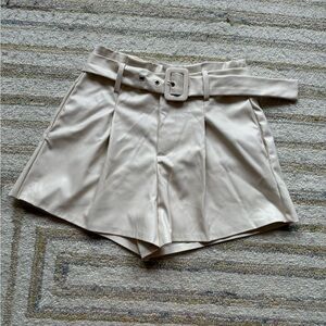 Do+Be High Waisted Belted Pleated Cream Leather Shorts